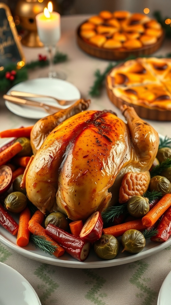 A festive air fryer Christmas dinner with roasted chicken and vegetables on a decorated table.